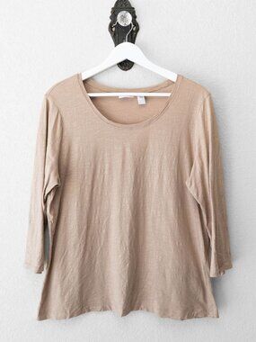 Zenergy by Chicos Womens 2 L Tan Shimmer Top 100% Cotton 3/4 Sleeve Metallic